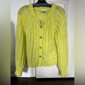 GANNI Mohair cardigan sweater, lime yellow/green, silver buttons cable knit S